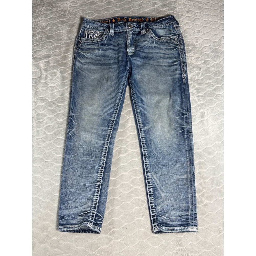 Rock Revival Semah Easy Ankle Skinny Jeans Blue Embellished Y2K Size 31 x 26